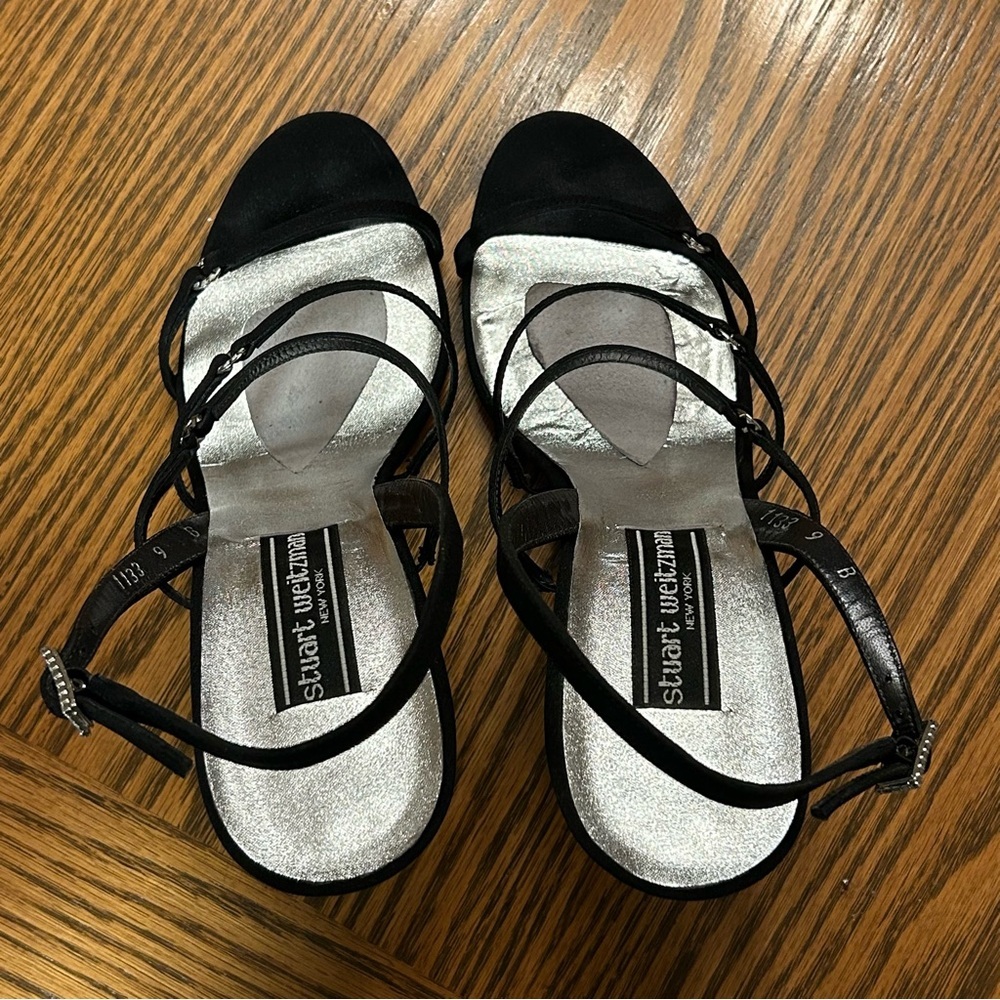Stuart Weitzman Black Strappy Sandals Rhinestones on Strap & Buckle Size 9 - Picture 5 of 12